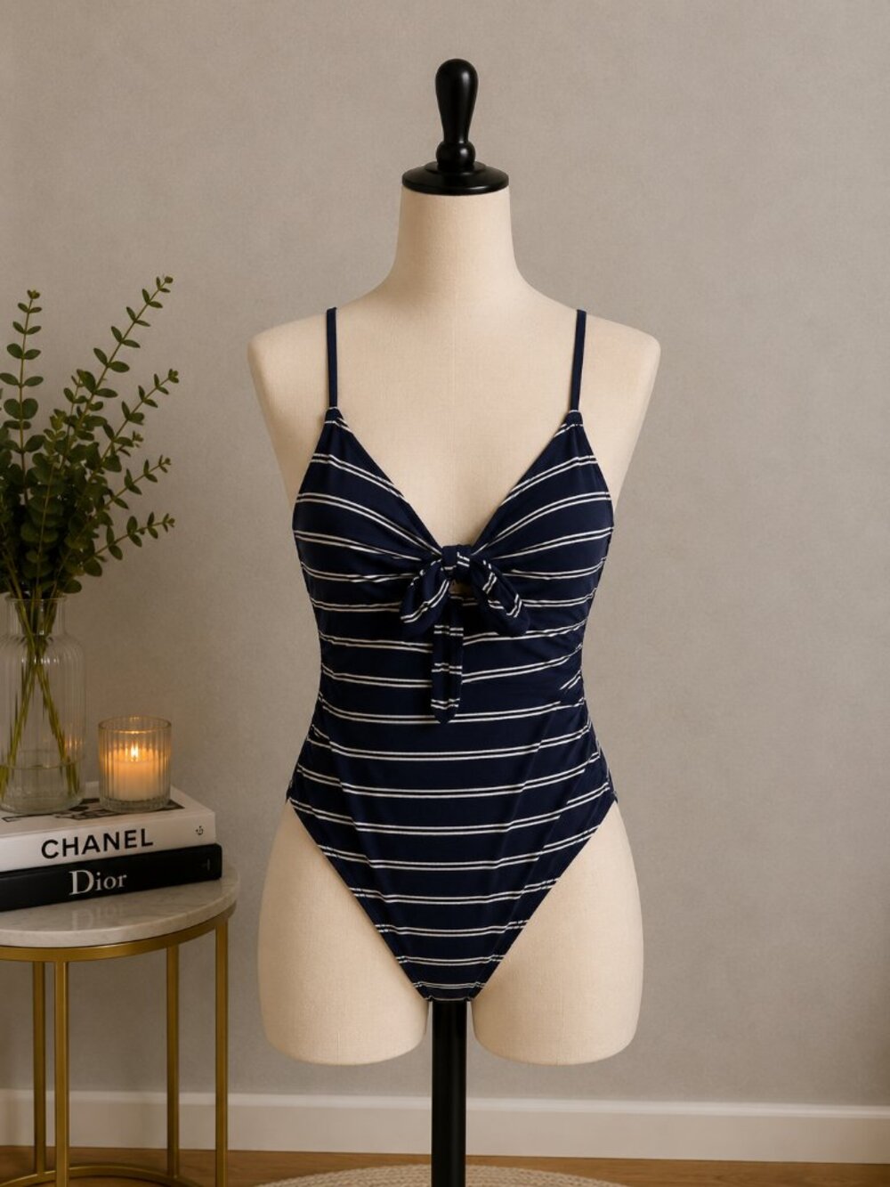 Forever 21 Navy and White Striped One-Piece  with Front Tie